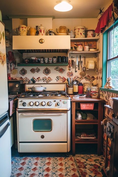 "Transform your kitchen with the timeless appeal of Vintage-Inspired Decor! 🍳🕰️ Ideal for adding character and warmth to your cooking space. 🌿✨ #VintageStyle #KitchenInspo #HomeDecor" Small Boho Kitchen, Boho Chic Kitchen, Boho Style Kitchen, Unfitted Kitchen, Boho Kitchen Ideas, Boho Kitchen Decor, Bamboo Bar, Fridge Decor, Scandi Boho