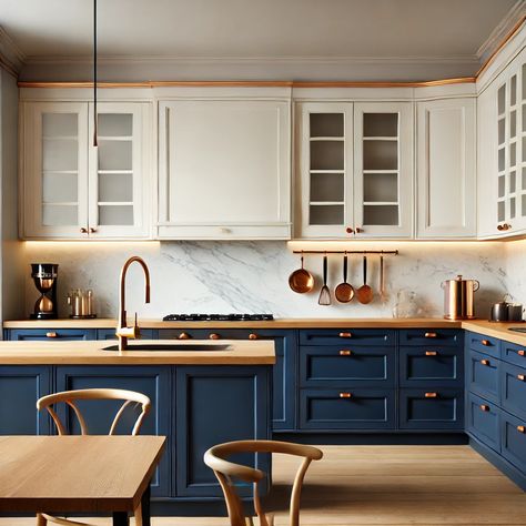 Kitchen Cabinet Color Ideas Two Tone Blue, Blue And Cream Kitchen Ideas, Blue And Cream Cabinets Kitchen, Navy And Cream Kitchen Cabinets, Blue Kitchen With Oak Cabinets, Blue Beige Kitchen, Blue Kitchen Cabinet Color Ideas, Navy And Beige Kitchen, Navy Blue And Cream Kitchen