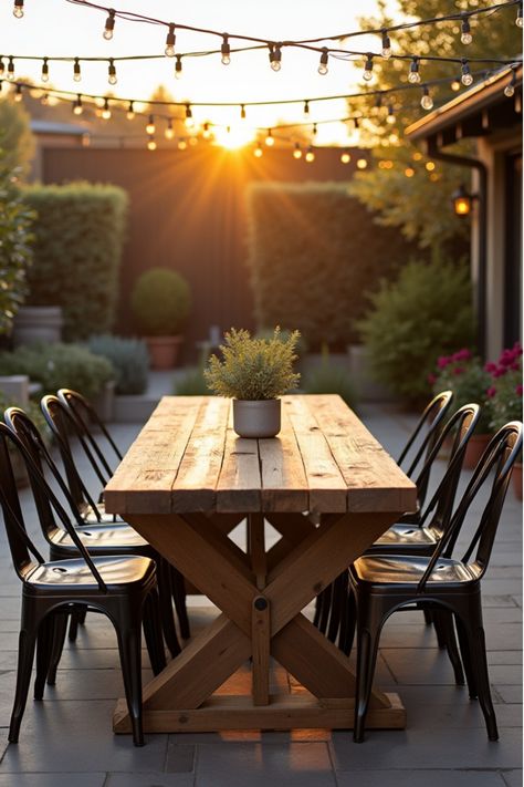 Patio with rustic reclaimed wood farmhouse table, metal chairs, and string lights at sunset Garden Dining Area, Patio Dining Area, Outside Table, Diy Patio Table, Farmhouse Table With Bench, Farmhouse Patio, Eating Table, Decking Area, Outdoor Patio Table