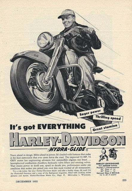 Vintage Motorcycling Advertising - Harley Davidson Hydra-Glide Motorcycle, From Popular Mechanics Magazine, December 1952 | by France1978 Popular Mechanics Magazine, Harley Davidson Posters, Vintage Harley Davidson Motorcycles, Vintage Motorcycle Posters, Antique Motorcycles, Harley Davidson Art, Classic Harley Davidson, Moto Vintage, Motorcycle Posters