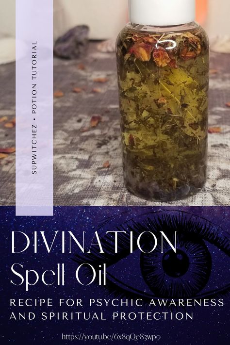 I use this spell oil any time I do divination. It enhances psychic awareness and offers spiritual protection. In this video I share this potions recipe, as well as explain all the ingredients and why they are used. Divination Oil Recipe, Psychic Oil Recipe, Oil Recipes Witchcraft, Spell Oils Recipe, Spell Oil Recipe, Witch Potion Recipe, Abundance Spells, Magical Oils, Magick Oil