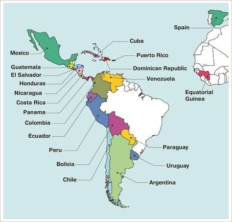 Globally, there are more than a dozen Hispanic countries and one territory: Argentina, Bolivia, Chile, Colombia, Costa Rica, Cuba, Dominican Republic, Ecuador, El Salvador, Guatemala, Honduras, Mexico, Nicaragua, Panama, Paraguay, Peru, Puerto Rico, Spain, Uruguay and Venezuela. Spanish Speaking Countries Map, Latin America Map, Hispanic Countries, Spanish Notes, Listening Activities, Spanish Games, Spanish Lessons For Kids, Map Worksheets, Spanish Worksheets