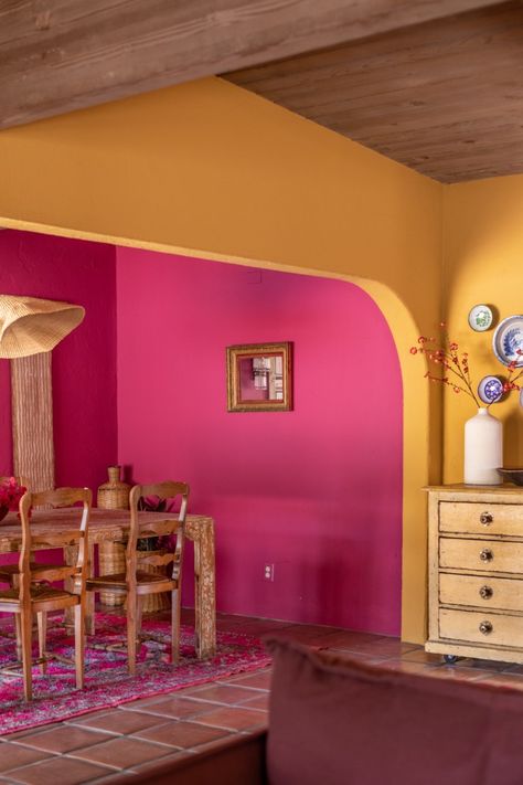 Dark Pink Dining Room, Pink And Yellow Wall Paint, Hot Pink Painting Ideas, Vibrant Interior Paint Colors, Fuschia Accent Wall, Raspberry Painted Walls, Pink Paint Wall, Magenta Accents Living Room, Decorating With Hot Pink