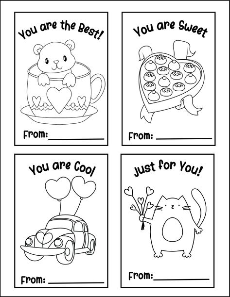 Printable Valentine's cards for kids to download and print at home. Foldable Valentines Day Cards To Color, Valentine Card Coloring Free Printable, Free Printable Valentine Cards For Kids To Color, Blank Valentine Card Printable, Unicorn Valentine Cards Free Printable, Printable Valentine Cards, Easter Templates, Valentine's Party, Printable Valentines Cards