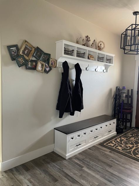 Coat Rack And Bench, Hall Bench With Storage, Mudroom Remodel, Black Hooks, Beach House Interior Design, Coat Rack Shelf, Entryway Mudroom, Interior Remodel, Bench Set