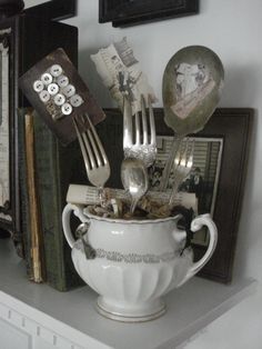 Nostalgic Decoration, Tricia Guild, Craft Show Displays, Vintage Display, Vintage Silverware, Booth Display, Photo Holders, Store Displays, Vintage Crafts