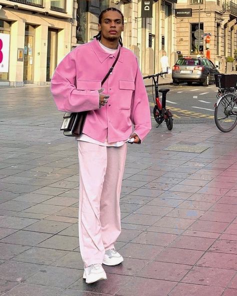 Men Pink And Black Outfit, Guys In Pink Clothes, Soft Pink Outfits Men, Pink Club Outfit Men, Barbie Fits Men, Pink White And Blue Outfit, Pink And White Mens Outfit, Barbiecore Aesthetic Outfit Men, Barbie Aesthetic Outfit Men