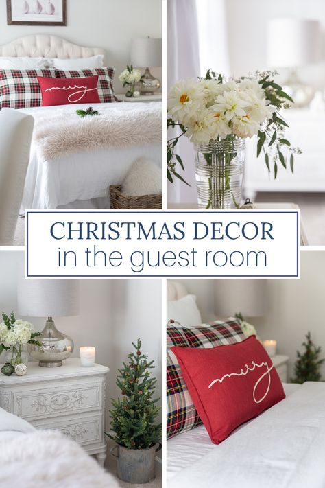 Looking to add some holiday cheer to the guest room? Find inspiration in these Christmas bedroom decor ideas. Guest Room Holiday Decor, Guest Bedroom Christmas Decorating Ideas, Christmas Guest Room Decor, Guest Bedroom Christmas Decor, Guest Room Christmas Decor, Christmas Guest Room Ideas, Guest Room Christmas, Simple Christmas Bedroom, Holiday Guest Bedroom