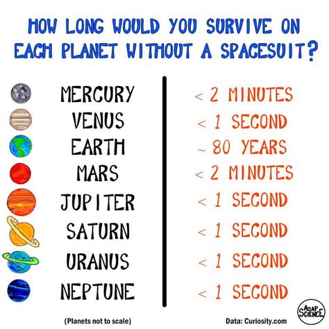 How Long Could You Survive On Each Planet Without A Space Suit? Mercury Facts For Kids, Solar System Science Project, Space Facts For Kids, Space Inquiry, Mercury Facts, Outer Space Facts, Homeschool Astronomy, Facts About Space, Grade 4 Science