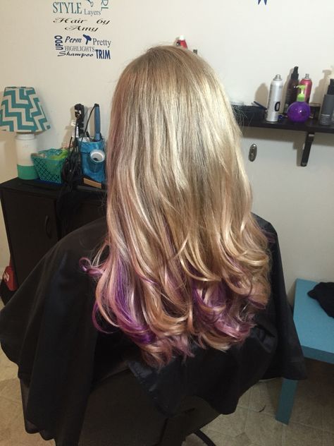 Blonde and purple Hair by Amy Purple Hair Streaks Blonde, Peekaboo Hair Colors Blonde, Hair Streaks Blonde, Blonde And Purple Hair, Blonde And Purple, Purple Hair Streaks, Peekaboo Hair Colors, Peekaboo Hair, Color Balayage