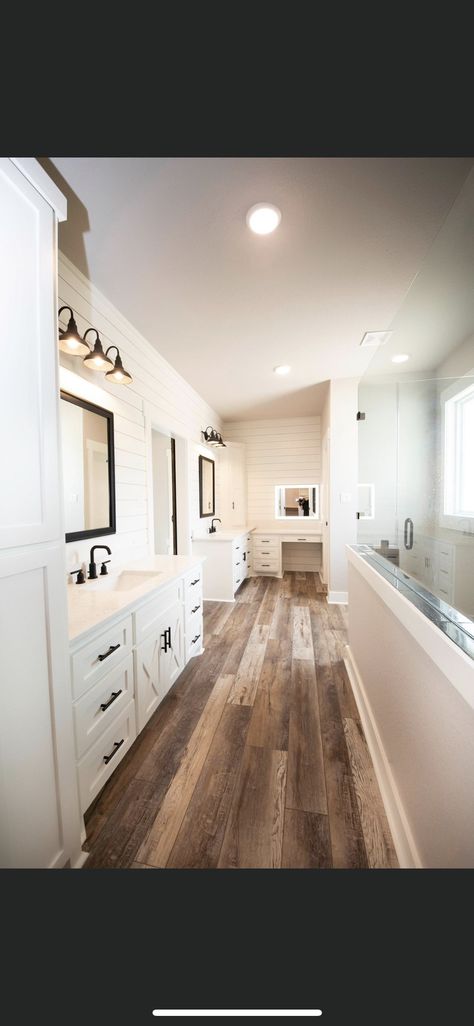 Split Vanity Master Bath, Separate Vanities In Master Bath, Bathroom Closet Combo Layout, Split Bathroom, Farmhouse Master Bath, Master Bath Layout, Wood Floor Bathroom, Master Bath Design, Modern Bathroom Ideas