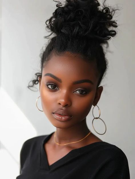 loose bun black hair Messy Bun For Black Women, High Bun Black Women, Messy Bun Ideas, High Messy Bun, Bun Ideas, Loose Buns, Short Hair Bun, American Hairstyles, Straight Blonde Hair