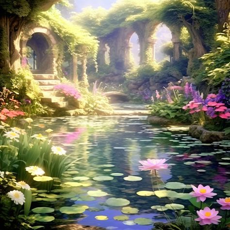 Hidden garden pond by Bre Vancartier - Playground Fantasy Pond, Magical Pond, Wash Shower Curtain, Pond Art, Clean Shower, Fantasy Garden, Baking Soda Vinegar, Enchanted Island, Pond Landscaping