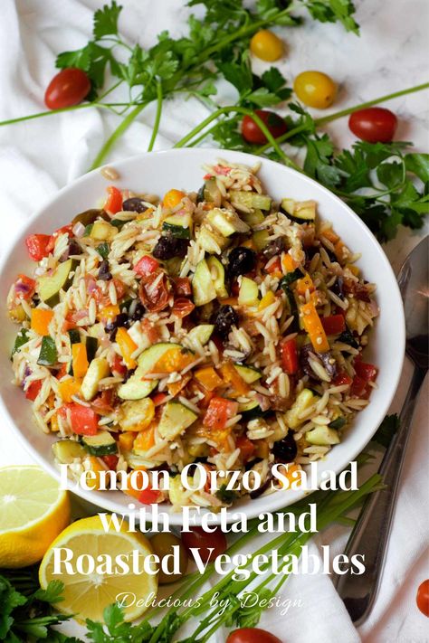 Lemon Orzo Pasta Salad, Lemony Vinaigrette, Lemon Orzo Pasta, Zucchini Pasta Salad, Balsamic Pasta, Roasted Veggie Salad, Lemon Orzo Salad, Roasted Mediterranean Vegetables, Feta Pasta Salad