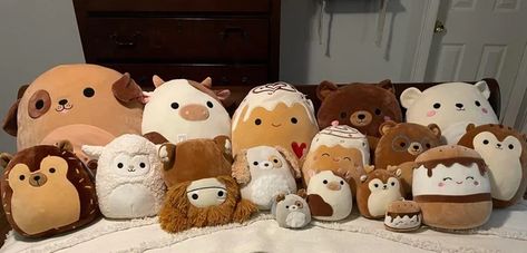 Neutral Squishmallow Collection, Brown Squishmallow Aesthetic, Squishmellows Collection, Neutral Squishmallows, Squishy Mallows, Fall Couch, Stuffed Animal Displays, Squishmallow Collection, Cute Squishies