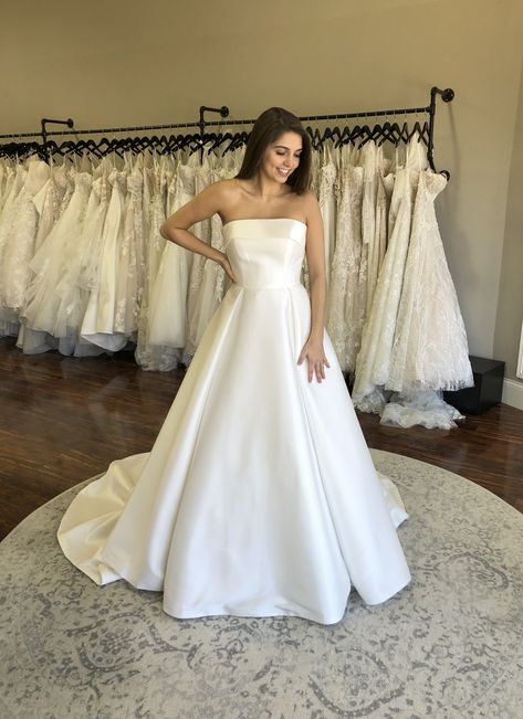 Satin A Line Wedding Dress Strapless, Satin Deb Dress, Simple Satin Wedding Dress Ballgown, Simple Wedding Dress Bow Back, Classic Ballgown Wedding Dress Simple, Strapless Satin Wedding Dress Ballgown, White Satin Strapless Wedding Dress, A Line Ball Gown Wedding Dress, Silk Ballgown Wedding Dress