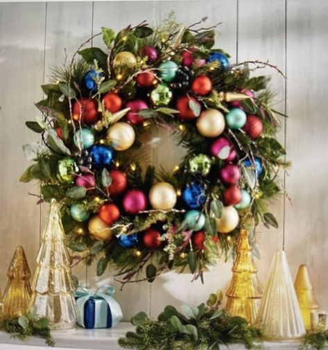 Giant Christmas Wreath, Jewel Tone Decor, Rustic Christmas Mantel, All Is Bright, Front Door Christmas Decorations, Ball Wreath, Rustic Christmas Wreath, Shatterproof Ornaments, Christmas Ornament Wreath