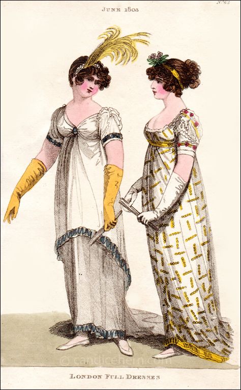 Full Dresses, June 1803 - CandiceHern.com Old Fashion, Fashion Illustration, A Woman, Evening Dresses, Pink, Dresses, White