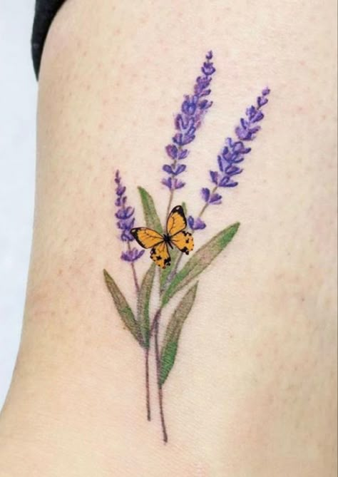 Lavender With Butterfly Tattoo, Sunflower Lilac Tattoo, Lavender Tattoo Spine, Archie Tattoo, Lilac Tattoos, Lavender Flower Tattoo, Hummingbird Flower Tattoos, Sarah Tattoo, Lilac Tattoo