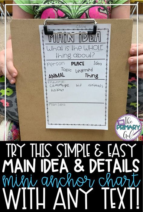 Anchor charts can be so helpful! In this post, I show you an easy-to-use anchor chart that my upper elementary students & I use to help us decide the main idea of the passage. I walk you through how my 3rd, 4th, and 5th graders & I use this reusable main idea anchor chart to determine key words AND write a main idea statement. I have even included a FREEBIE! Snag the FREE printable mini anchor chart at the bottom of the post! {special education, third, fourth, fifth grade, reading compre Main Idea Third Grade, Nonfiction Main Idea, Fifth Grade Reading, Main Idea Lessons, Main Idea Anchor Chart, Special Education Reading, Reading Disabilities, Teaching Main Idea, Educational Tips