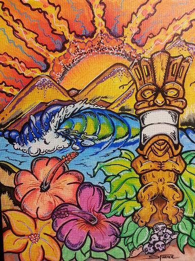 Surfing art-Sean Farmer- Secret Tiki surf spot by SPLDRAGER on ... Drawing Ideas Summer, Surf Artwork, Drawing Ideas Colorful, Retro Surf Art, Surfing Art, Surf Painting, Tiki Art, Safe Harbor, Surf Art