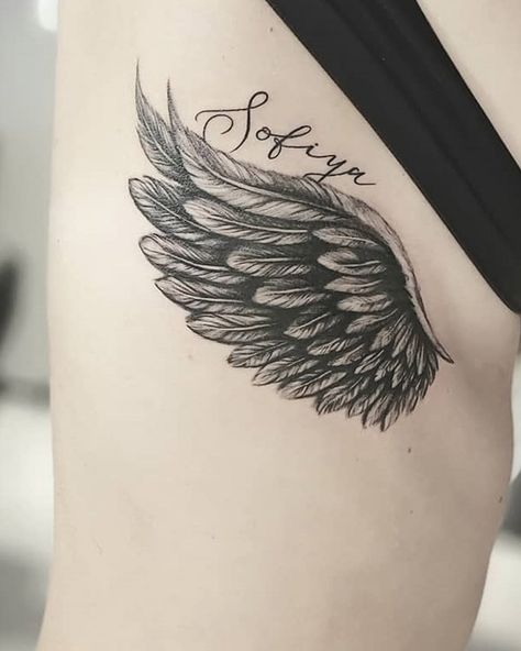 Feminine Angel Wings Tattoo, Single Wing Tattoo, Butterfly With Angel Wings Tattoo, Wind Beneath My Wings Tattoo, Wing Tattoos For Women, Angel Wings Tattoo Shoulder, Dove Neck Tattoo, Wing Tattoo On Shoulder, Side Piece Tattoos