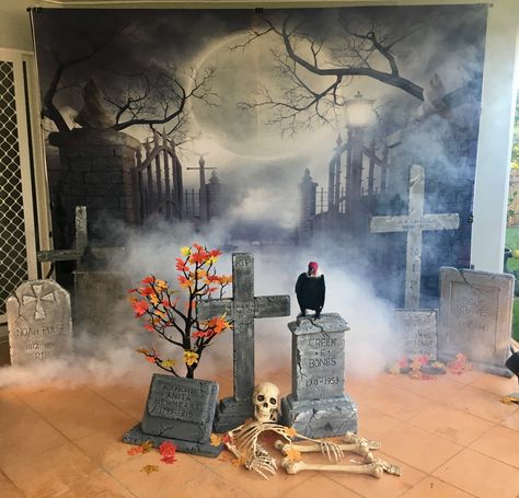 Stay out of the cemetery. Halloween backdrop photo booth. Cemetery Halloween, Halloween Party Backdrop, Halloween Party Photo, Halloween Photo Booth, Halloween Outside, Halloween Dance, Halloween Backdrop, Backdrop Photo, Adornos Halloween