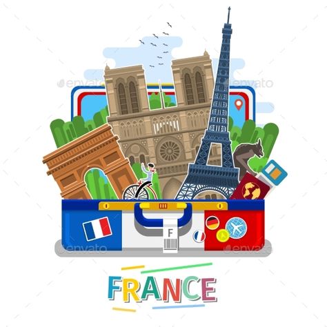 Concept of travel to France or studying French. French flag with landmarks in open suitcase. Tourism in France. Flat design, vecto Gargoyle Illustration, Studying French, Travel To France, Sketch Study, Study French, Travel Icon, French Flag, France Art, Funny Tattoos