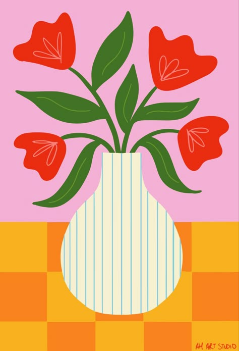 Diy Funky Wall Decor, Flower In Vase Illustration, Abstract Vase Painting, Flower Vase Illustration, Flower Graphic Illustration, Flower Still Life, Still Life Flowers, Flowers In A Vase, Soyut Sanat Tabloları