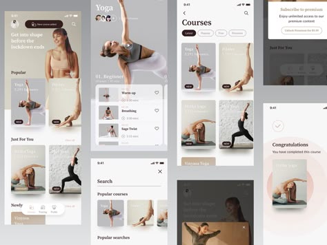 Yoga app uix by theosm™ on Dribbble Ui Ux Trends, Ecommerce Landing Page, Mindful Yoga, Mindfulness App, Yoga App, App Design Layout, Fit App, Happy Yoga, Yoga Mindfulness