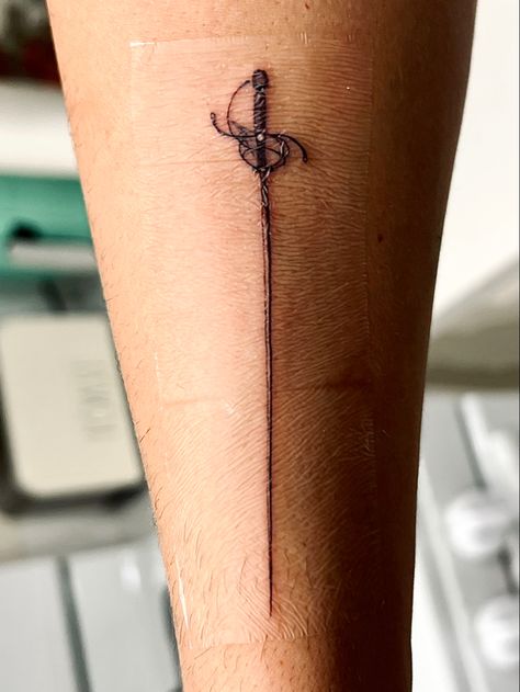 Tattoo sword Rapier Tattoo, Fencing Tattoo, Men Tattoo, Dagger Tattoo, Design Drawings, Little Tattoos, Tattoo Design Drawings, Tattoo Inspo, Finger Tattoos