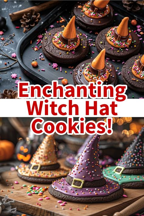 Cookies shaped like witch hats with colorful sprinkles on a baking tray and table, perfect for Halloween. Quick Sweets, Witch Hat Cookies, Chocolate Wafer Cookies, Spooky Halloween Treats, Deviled Eggs Easy, Spooky Snacks, Orange Frosting, Easy Peasy Recipes, Hat Cookies