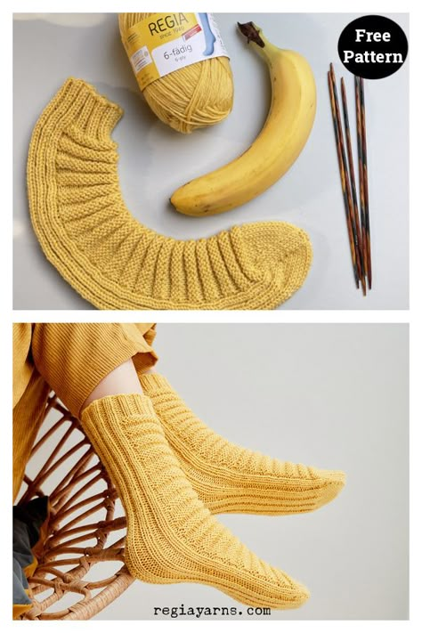 Banana Tube Socks Free Knitting Pattern Sock Heels Knitting, Knit Tube Socks, Socks Free Knitting Pattern, Knitted Socks Free Pattern, Intermediate Knitting Patterns, Knit Slippers, Sock Knitting, Sock Knitting Patterns, Knit Projects