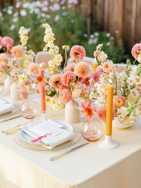 A Summer Bridal Shower Brunch | meagbreanneevents.com Sunset Wedding Table Decorations, Sunrise Flower Bouquet, Floral Engagement Party, Picnic Moodboard, Aesthetic Garden Party, Bridal Garden Party, Sunset Meadow, Bouquet Styles, Table Florals