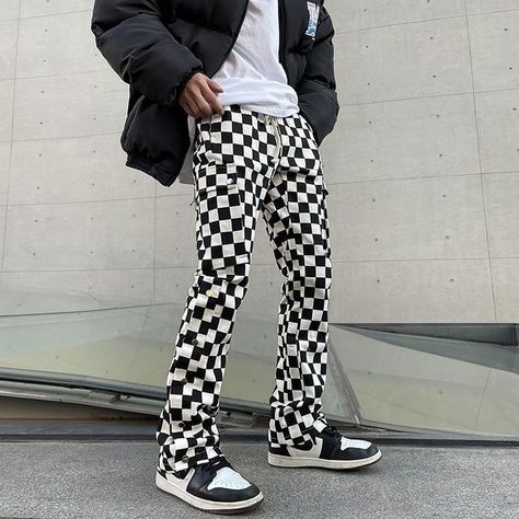 Checkered Pants Outfit Men, Checkered Pants Outfit, Checkered Outfit, Mens Streetwear Outfits, Unique Fashion Outfits, Pants Unique, Checker Pants, Statement Pants, Pattern Outfits