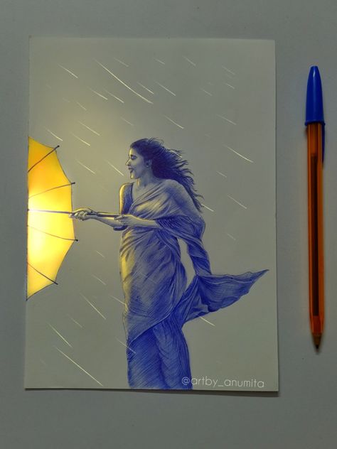 pen sketch of a woman with umbrella in the rain Black And White Pen Drawings, Sketch Pen Art Colour, Blue Pen Sketch Simple, Colour Pen Art, Colour Pen Drawing, Glow Sketch, Pen Sketch Drawing, Baby Groot Drawing, Pen Art Doodle