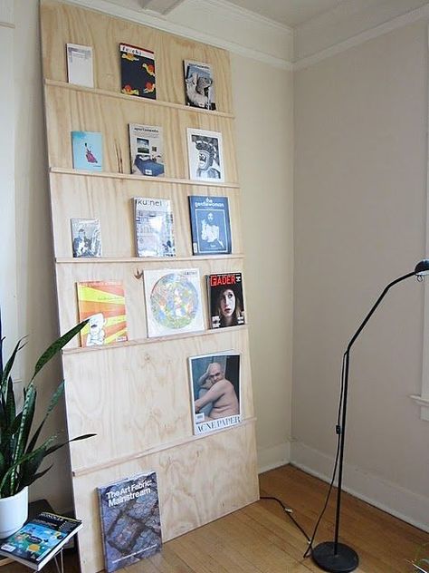 Plywood Display Wall, Brochure Display Wall, Magazine Display Ideas, Office Display Wall, Wall Shelf Ideas Bedroom, Plywood Display, Office Wall Shelves, Wall Shelf Ideas, Shelf Ideas Bedroom