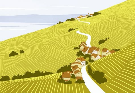 Landscapes by Pierre-Abraham Rochat, via Behance Minimal Landscape Illustration, Graphic Landscape Illustration, Minimal Landscape Painting, Graphic Landscape, Minimal Landscape, Panoramic Art, Digital Paintings, Art Et Illustration, Animation Background