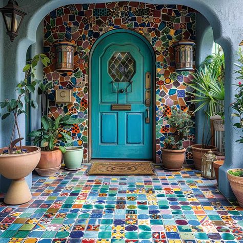 Mexican Style Homes Exterior, Door Entrance Ideas, Front Door Entrance Ideas, Unique Front Door, Rustic Front Door Decor, Mexican Style Homes, Arched Doorways, Unique Front Doors, Entryway Tile