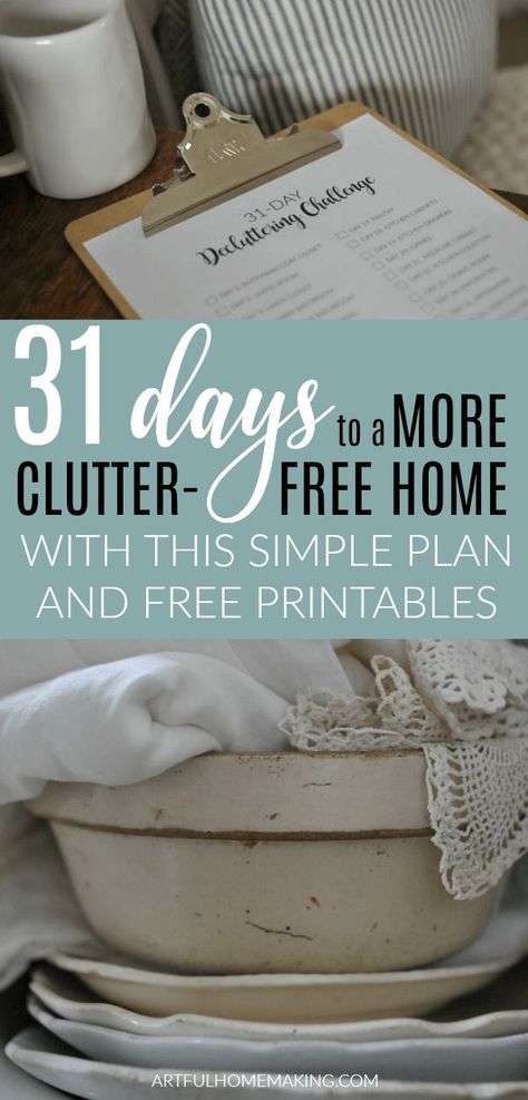 31-Day Home Decluttering Challenge  with home decluttering ideas and a simple plan to get rid of the clutter in just one month! #declutter #decluttering #declutteryourhome #declutteringtips #homemaking Home Organization Declutter, Modern Homemaking, Decluttering Challenge, Home Decluttering, Declutter Home, Decluttering Ideas, Homemaking Tips, Simple Plan, Getting Rid Of Clutter