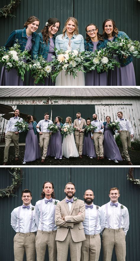 Bridal party photos | Lavender bridesmaid dresses with jean jackets | Lavender bow ties and suspenders for groomsmen | Fall wedding | Barn wedding | Wedding inspiration Groomsmen Lilac Wedding Colors, Lavender And Sage Wedding Party, Lavender Wedding Groom, Purple And Brown Wedding Theme, Tan And Lavender Suit, Purple Bridesmaid And Groomsmen, Sage And Lavender Groomsmen, Lavender And Brown Wedding, Dusty Purple Bridesmaid Dresses With Groomsmen