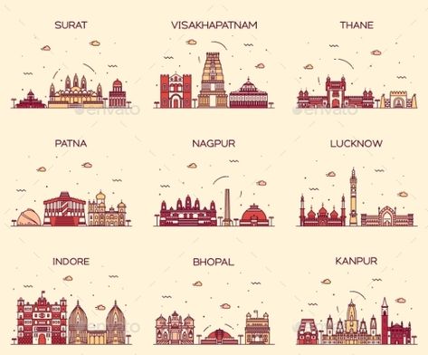 Set Indian Cities Vector Illustration Linear Cities Skylines, 달력 디자인, Indian Illustration, City Icon, City Vector, Skyline Design, City Logo, Visakhapatnam, Isometric Illustration