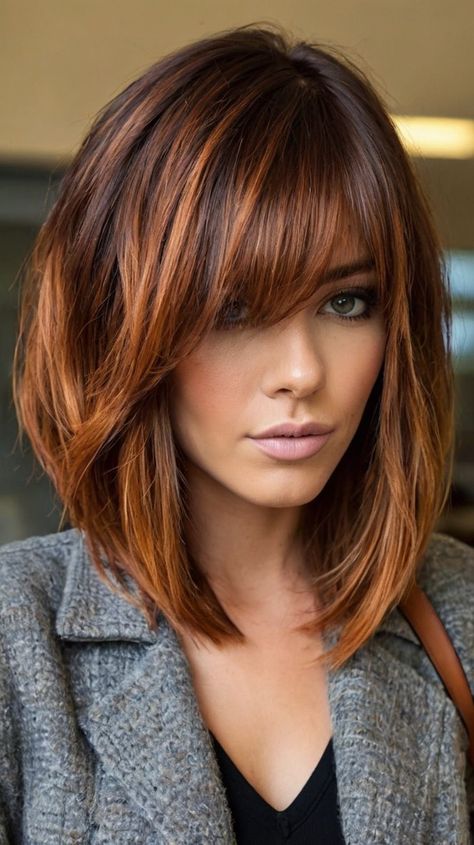 Effortless Side-Swept Bangs with Fall Hair Colors Copper Highlights for a Chic Look 💖 Brunette Copper Hair Color, Reddish Brown Hair With Money Piece, Dark Auburn With Highlights, Fall Hair Colors For Blondes Medium Length, Highlight Red Hair, Hairstyles Fall 2024, Haircut Color Ideas, Fall Ginger Hair, Copper Highlights On Dark Hair