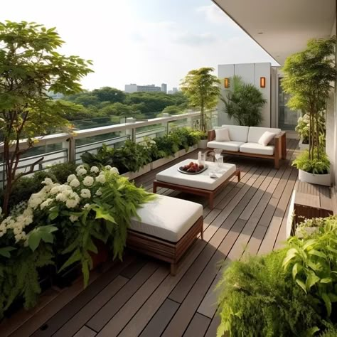 Terrace Garden Ideas for Home - An Essential Guide for Beginners Kitchen Living Room Decor Ideas, Balcony Design Ideas Modern, Terrace Garden Design Ideas, Modern Apartment Balcony, Penthouse Garden, Terrace Interior, Terrace Garden Ideas, Roof Garden Design, Apartment Balcony Garden