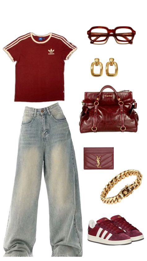 adidas tshirt dark red miu miu bag ysl wallet adidas campus gold jewellery Adidas Tshirt Outfit, Red Tshirt Outfit, Looks Adidas, Ysl Wallet, Campus Outfit, Bag Ysl, Adidas Tshirt, Miu Miu Bag, Tshirt Outfit