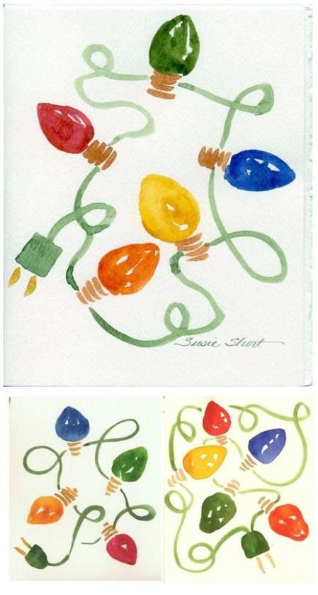 #handmade cards #christmas I've always been I fan of big colored lights. Much more fun than those white ones.  @Susie Sun Sun Short's Watercolor Christmas Cards Xmas Watercolor, Cards Painting, Painting Cards, Watercolor Christmas Card, Painted Christmas Cards, Christmas Card Ideas, Colored Lights, Christmas Card Art, Cards Making