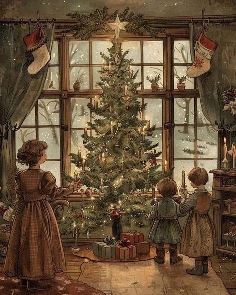 Images Noêl Vintages, Storybook Art, Vintage Christmas Images, Old Christmas, Old Fashioned Christmas, Christmas Scenes, Victorian Christmas, Christmas Scene, Vintage Christmas Cards