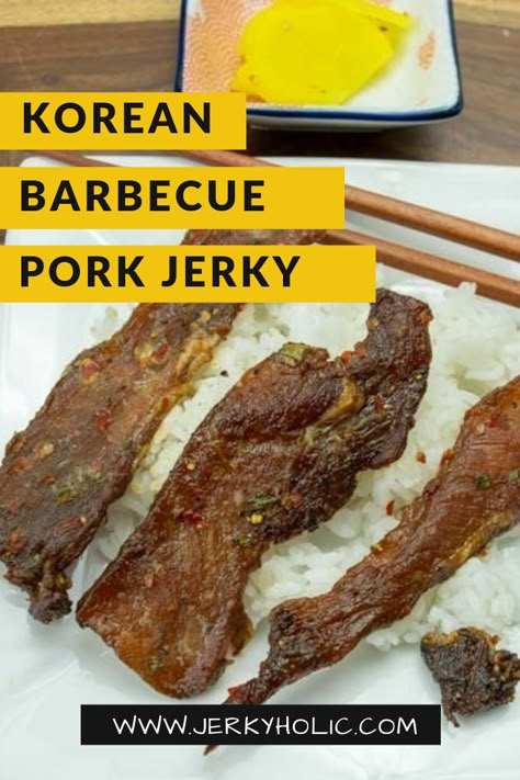 A delicious pork loin homemade pork jerky flavoured like the very best Korean barbecue. #barbecue #koreanbarbecue #pork #jerky #porkjerky #homemadejerky #jerkyrecipe #korean Pork Jerky Recipe Smokers, Korean Bbq Pork Jerky Recipe, Korean Bbq Jerky Recipe, Pork Jerky Recipe Dehydrator, Pork Loin Jerky Recipe, Pork Jerky Recipe, Korean Bbq Pork, Jerky Recipes Dehydrator, Jerkey Recipes