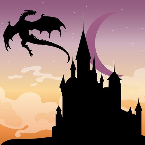 Castle With Dragon Drawing, Dragon Silhouette Art, Castle With Dragon, Dragon Illustration Art, Dragon And Castle, Castle Mural, Lantern Drawing, Stars Poster, Dragon Castle