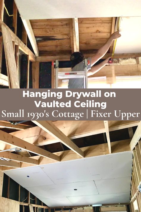 man measuring drywall pieces for vaulted ceiling AND drywall on one side of vaulted ceiling Diy Vaulted Ceiling Before And After, Diy Vaulted Ceiling, Victorian Farmhouse Interior, Ceiling Frame, Vaulted Ceiling Beams, Homestead Diy, Hanging Drywall, Drywall Ceiling, Fixer Upper House